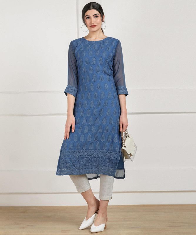 Women Printed Georgette Straight Kurta  (Light Blue)