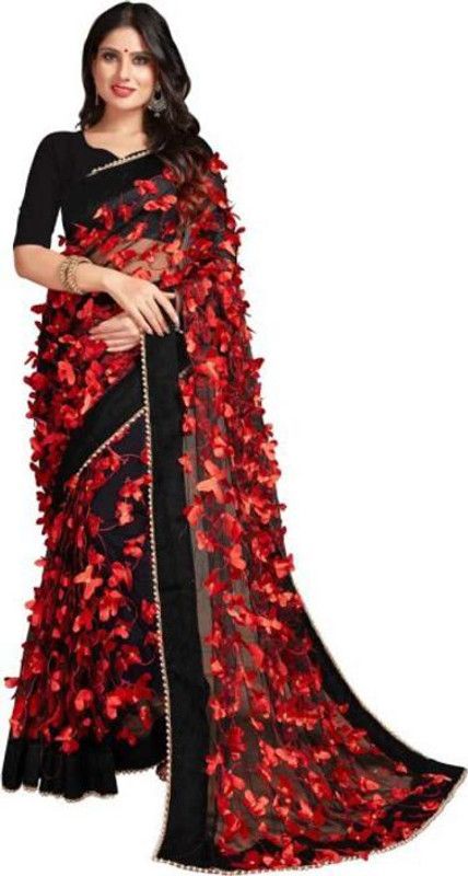 Applique Bollywood Net Saree  (Black, Red)