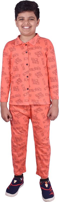 Boys Printed Pure Cotton Kids Nightwear  (Orange Pack of 1)