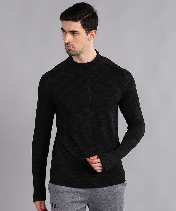 Men Self Design Round Neck Nylon Black T-Shirt