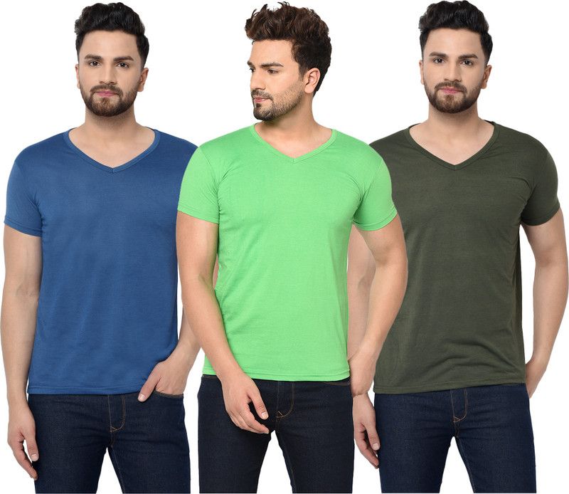 Pack of 3 Men Solid V Neck Cotton Blend Dark Blue, Dark Green, Green T-Shirt