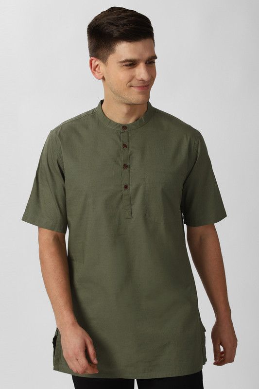 Men Woven Design Pure Cotton Straight Kurta  (Dark Green)