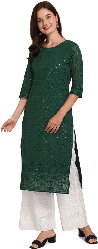 Women Embroidered Georgette Straight Kurta  (Green)