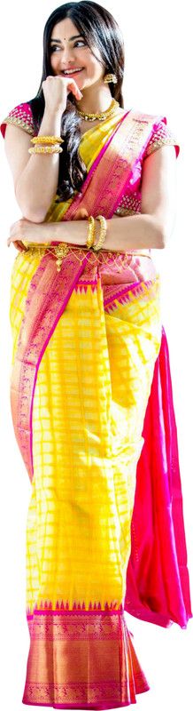 Temple Border, Woven Banarasi Silk Blend, Jacquard Saree  (Pink, Yellow)