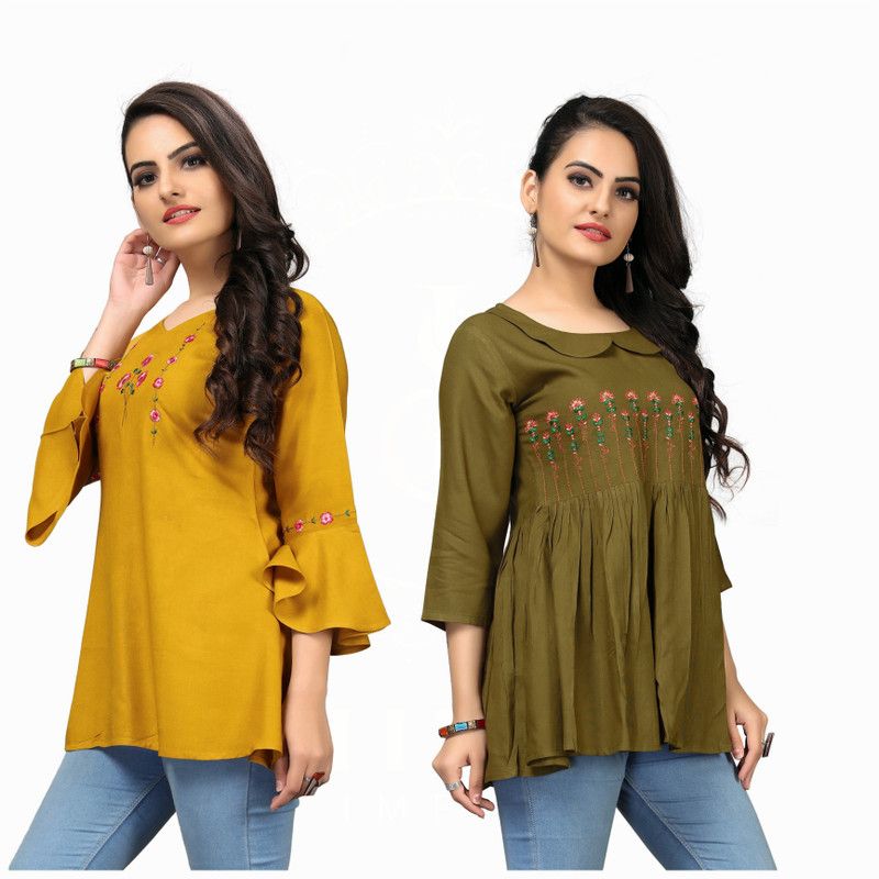 Pack of 2 Casual Regular Sleeves Embroidered Women Multicolor, Yellow Top