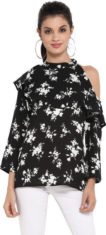Party Shoulder Straps Floral Print Women Black Top