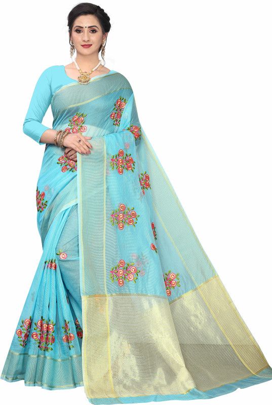 Embroidered Daily Wear Supernet Saree  (Light Blue)