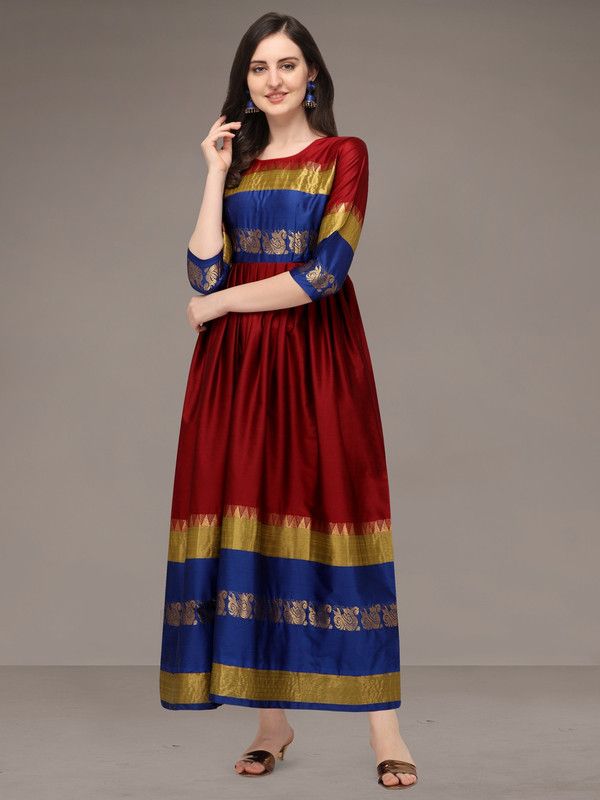 Cotton Silk Stitched Flared/A-line Gown  (Red)