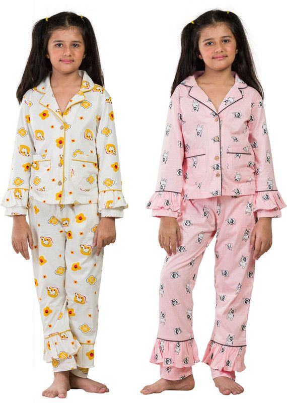 Girls Printed Cotton Blend, Hosiery Kids Nightwear  (Multicolor Pack of 2)