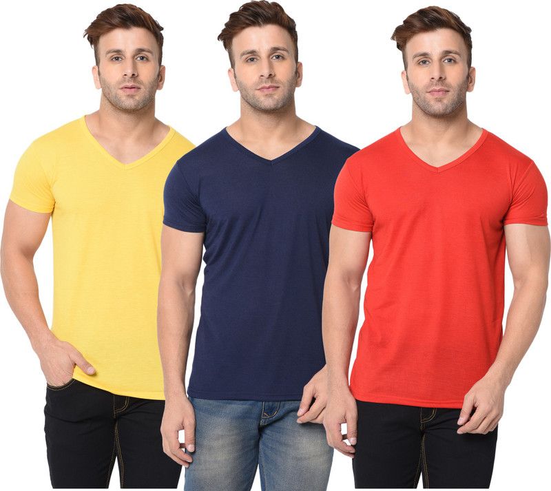 Pack of 3 Men Self Design, Solid V Neck Cotton Blend Dark Blue, Red, Yellow T-Shirt