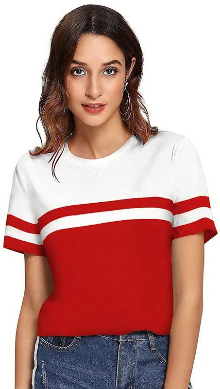 Solid Women White, Red T-Shirt