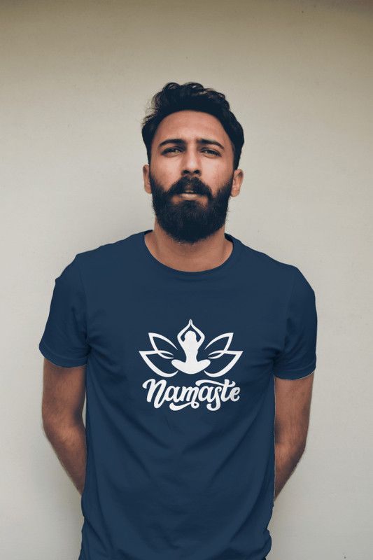 yoga t-shirt namaste Men Printed Round Neck Cotton Blend Blue T-Shirt