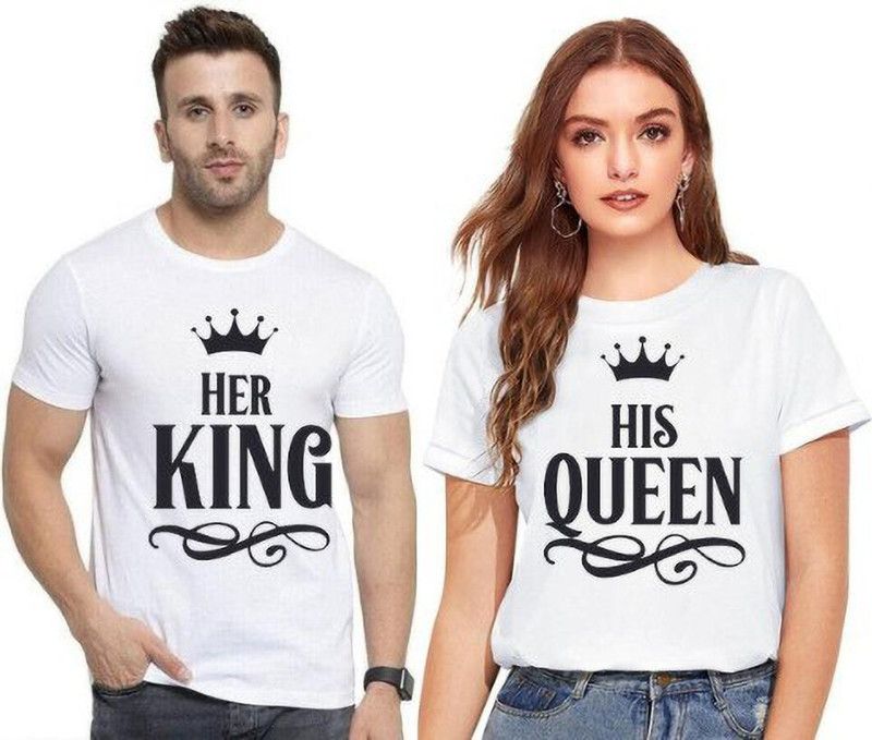 Pack of 2 Couple T-Shirts Couple Self Design Round Neck Polyester White T-Shirt