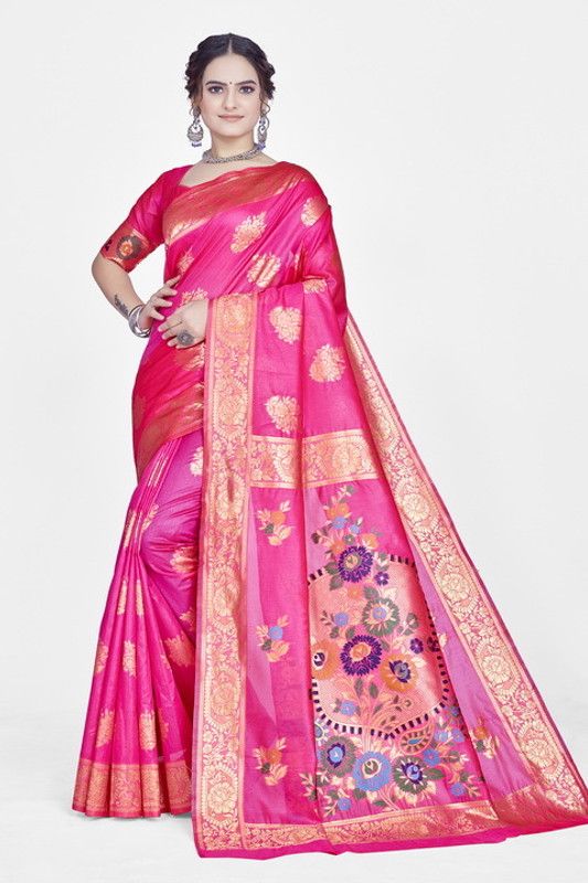 Woven Banarasi Cotton Blend Saree  (Magenta)