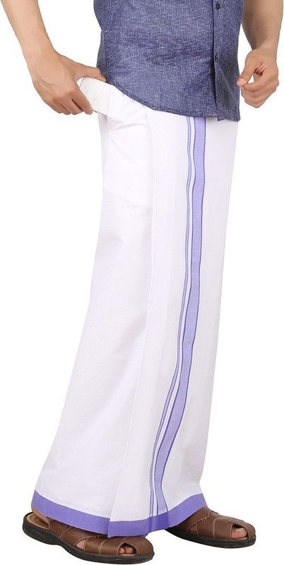 Prakasam Cotton Prakasam Cotton Premium Quality Welcro Pocket Readymade Dhoti( sticker Dhoti) -White Cotton With Lavender Big Border Solid Men Dhoti