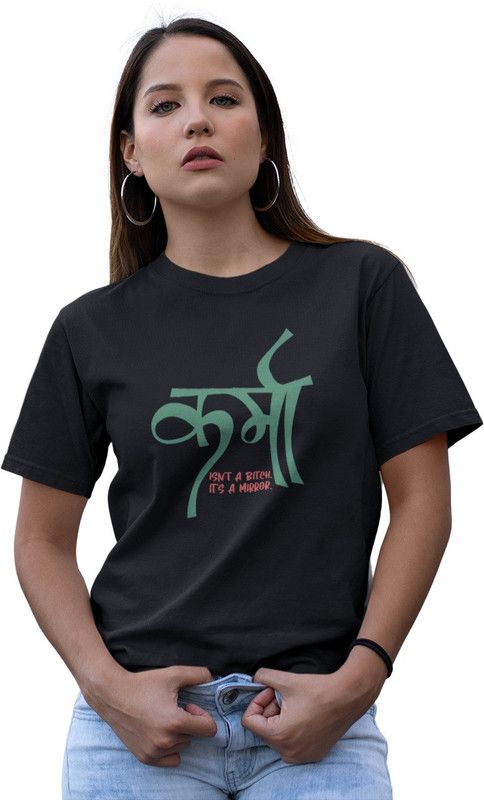 Karma Printed 100% Pure Cotton Regular Fit T-Shirt For Girls And Women Women Printed Round Neck Cotton Blend Black T-Shirt