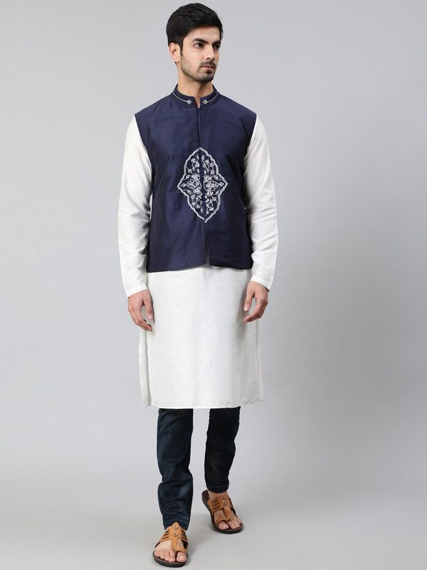 Men Embroidered Pure Cotton Straight Kurta  (White)