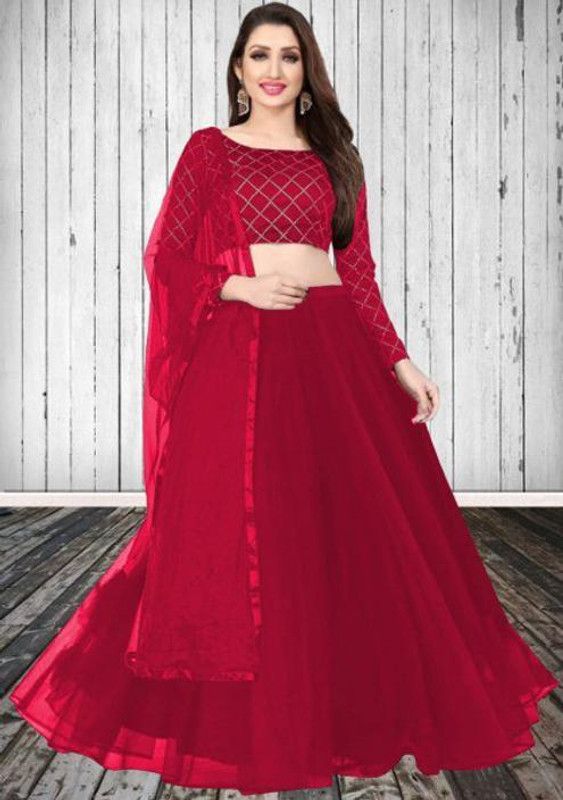 Net Semi Stitched Anarkali Gown  (Red)