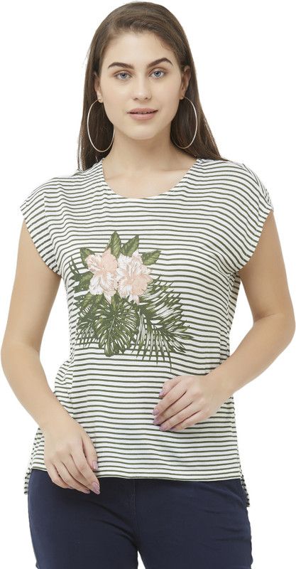 Casual Cap Sleeves Striped Women White Top