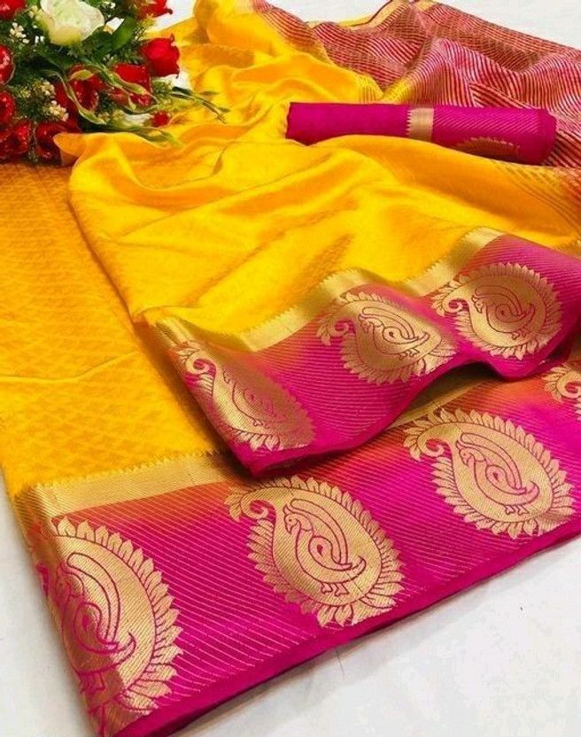 Woven Banarasi Tussar Silk Saree  (Pink, Yellow)