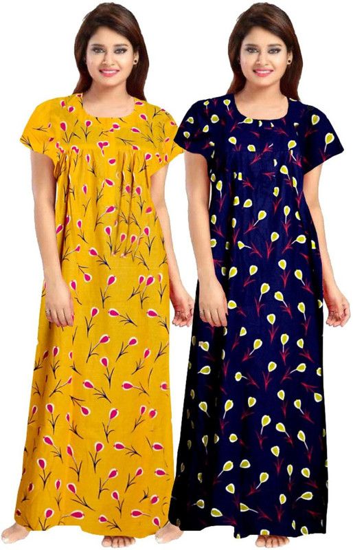 Pack of 2 Women Nighty  (Yellow, Blue)