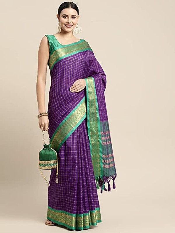 Checkered, Embellished, Self Design, Woven Assam Silk Cotton Silk, Cotton Blend Saree  (Purple, Green)