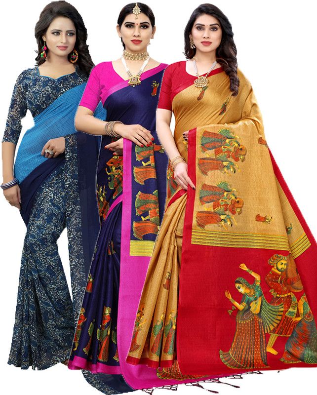 Printed Bollywood Georgette Saree  (Pack of 3, Blue, Pink, Cream)