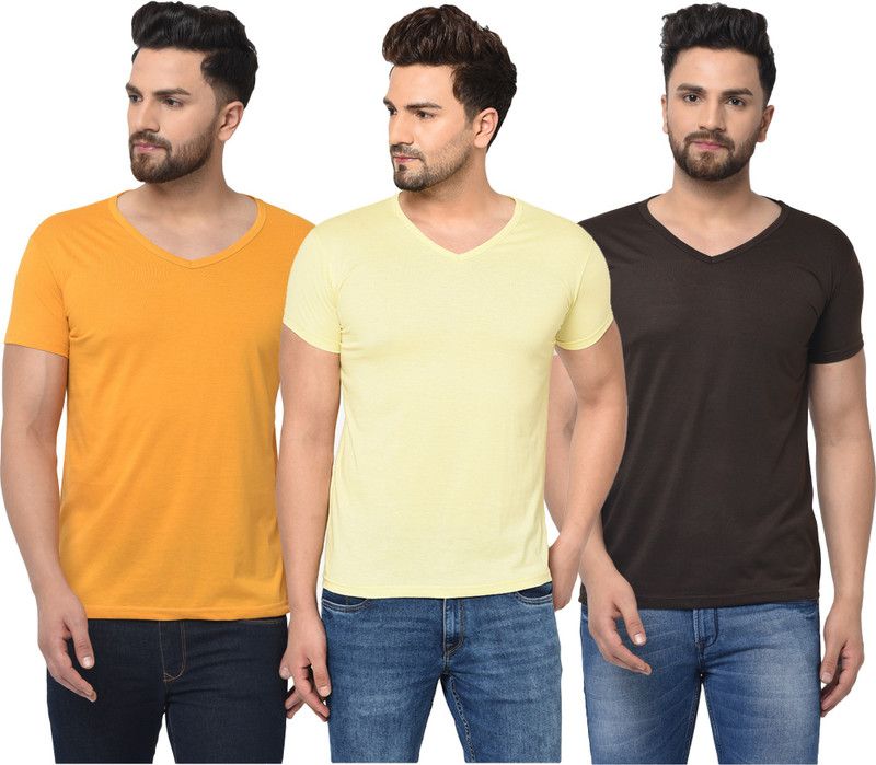 Pack of 3 V neck Combo T-shirts Multicolor Men Solid V Neck Cotton Blend Brown, Yellow T-Shirt
