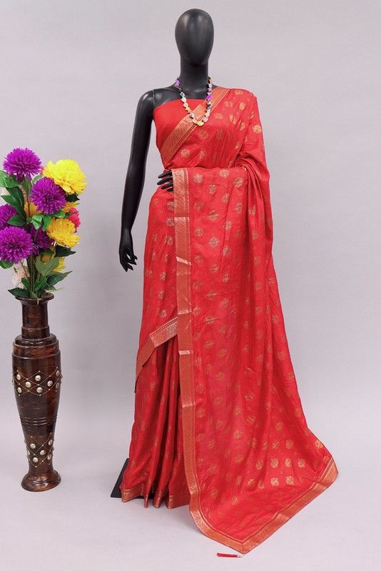 Printed Chanderi Silk Blend Saree  (Red)
