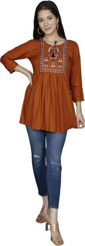 Casual Embroidered Women Orange Top