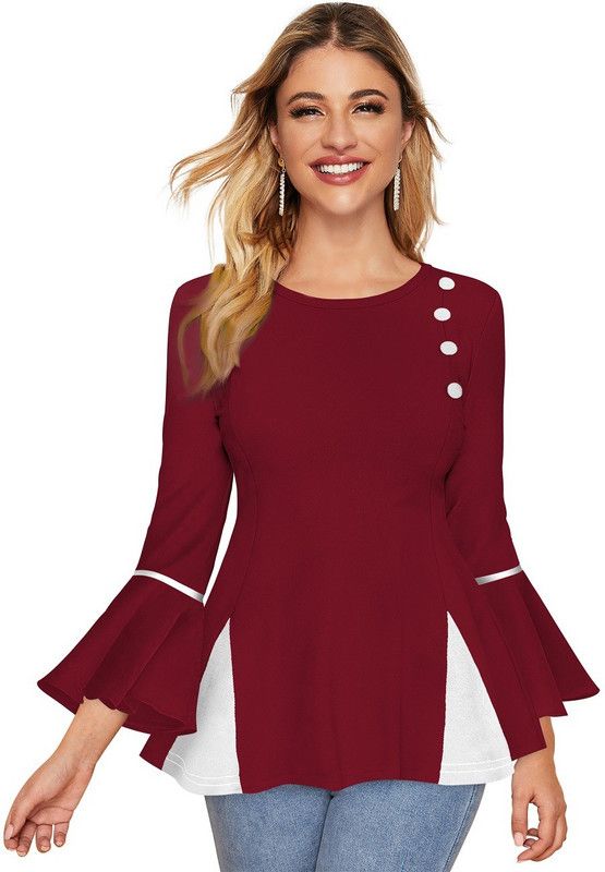 Casual Butterfly Sleeves Color Block Women Maroon Top