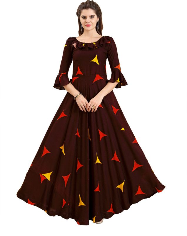 Rayon Blend Stitched Anarkali Gown  (Brown)