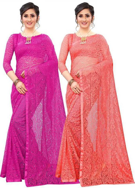 Embellished Bollywood Net, Brasso Saree  (Pack of 2, Red, Pink)