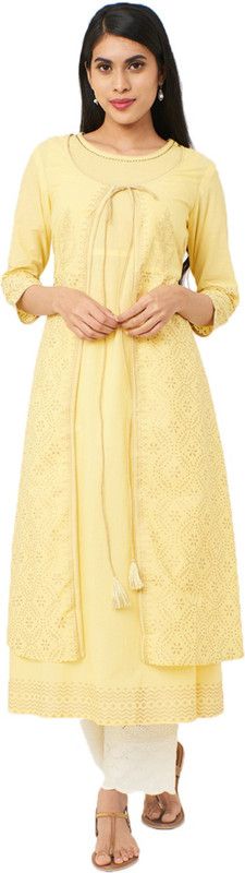 Pack of 2 Women Printed Pure Cotton Straight Kurta  (Yellow)