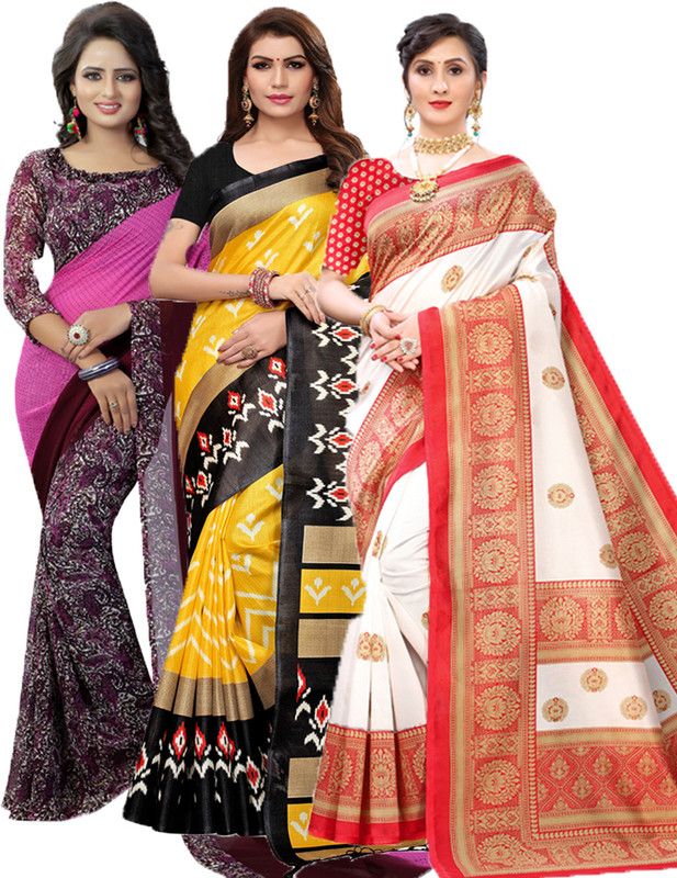 Printed Daily Wear Georgette Saree  (Pack of 3, Purple, Yellow, Red)