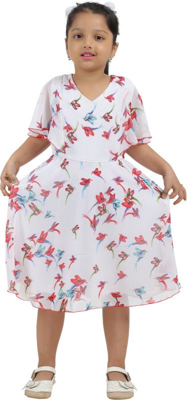 Girls Calf Length Casual Dress  (White, Fashion Sleeve)