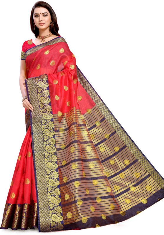 Self Design, Striped Banarasi Cotton Blend Saree  (Red)