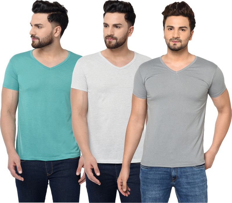 Pack of 3 V neck Combo T-shirts Multicolor Men Solid V Neck Cotton Blend Light Blue, Grey T-Shirt