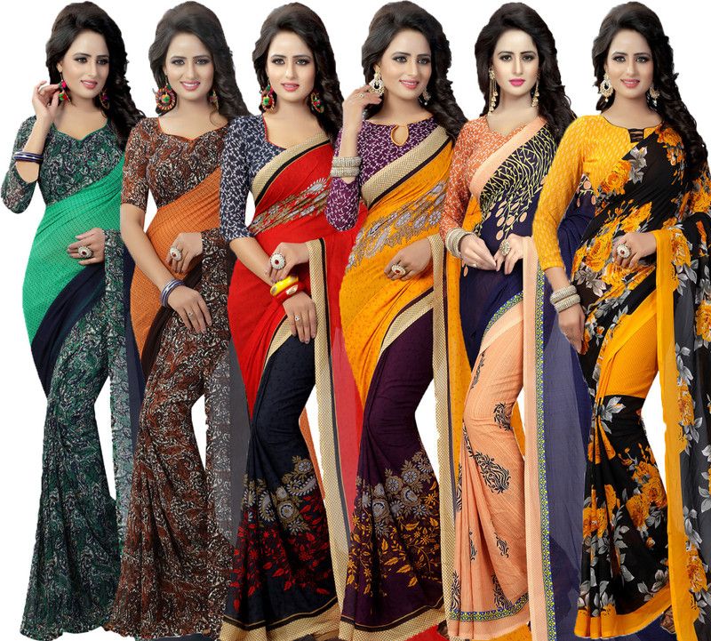 Printed Daily Wear Georgette Saree  (Pack of 6, Purple, Dark Blue, Red, Green, Orange, Yellow)