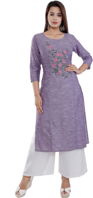 Women Embroidered Pure Cotton Straight Kurta  (Purple)