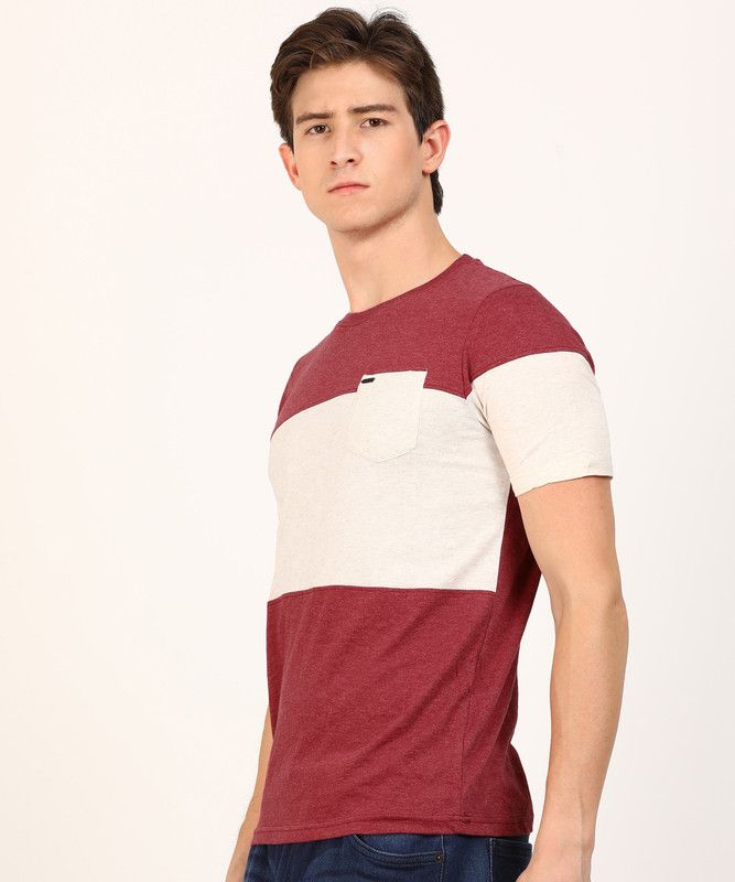 Men Colorblock Round Neck Cotton Blend Maroon, Beige T-Shirt
