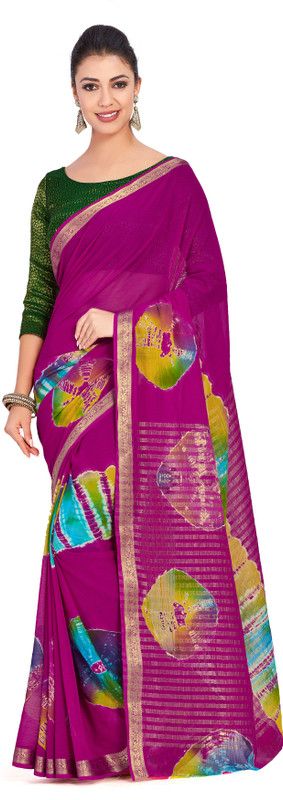 Embroidered Bandhani Chiffon Saree  (Purple)