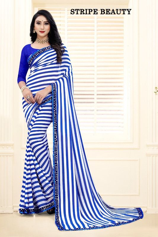 Bollywood Georgette Saree  (Blue, White)