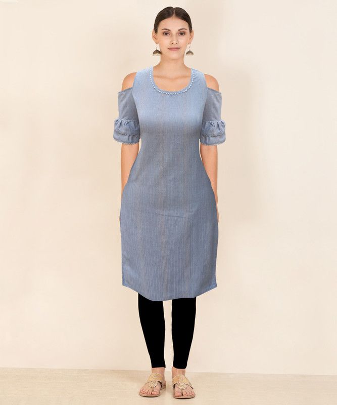 Women Striped, Solid Cotton Blend A-line Kurta  (Grey)