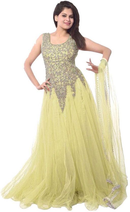 Embroidered Cotton Blend Semi Stitched Straight Gown  (Yellow)