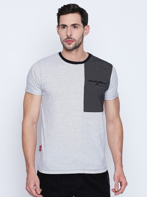 DMTS01WHSTRP Men Striped Round Neck Cotton Blend White T-Shirt