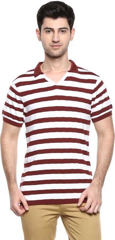 Men Striped V Neck Cotton Blend Multicolor T-Shirt