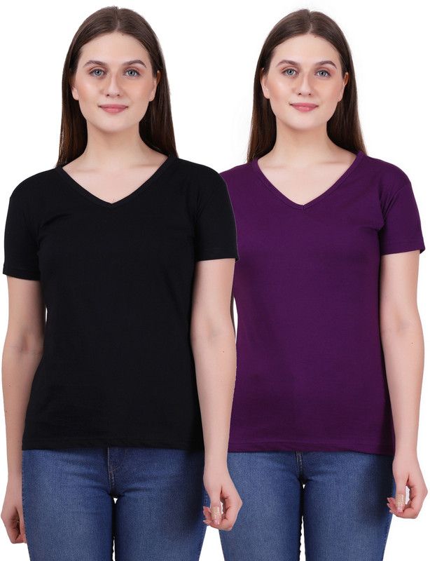 Solid Women Black, Purple T-Shirt  (Pack of 2)