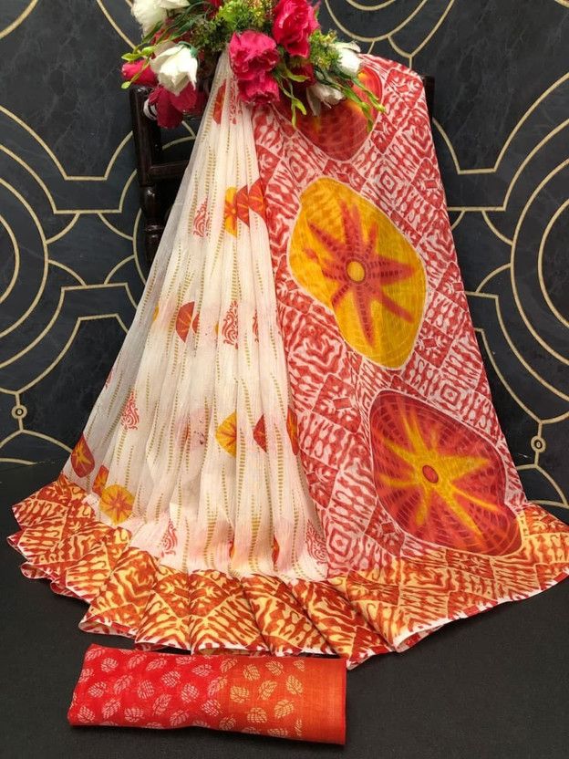 Digital Print Ikkat Cotton Blend Saree  (Red)