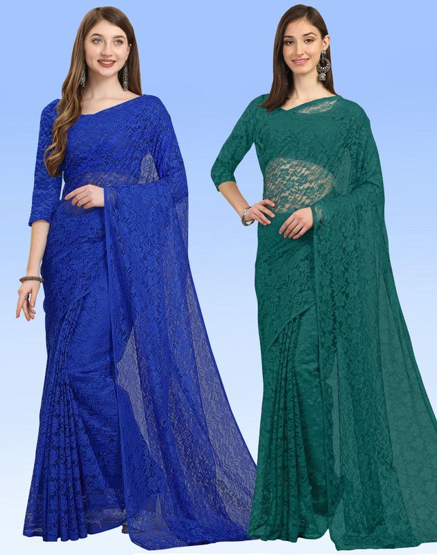 Embellished Bollywood Net, Brasso Saree  (Pack of 2, Blue, Green)